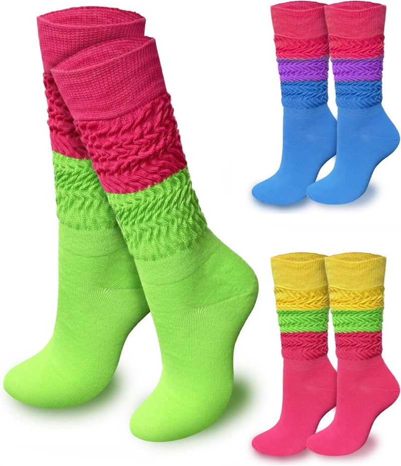 WILLBASIC 3 Pairs Neon Slouch Socks for Women, 80s 90s Neon Women's Leg Warmers Heavy Soft Extra Long Scrunchy Socks 80s Accessories for Women - Image 1
